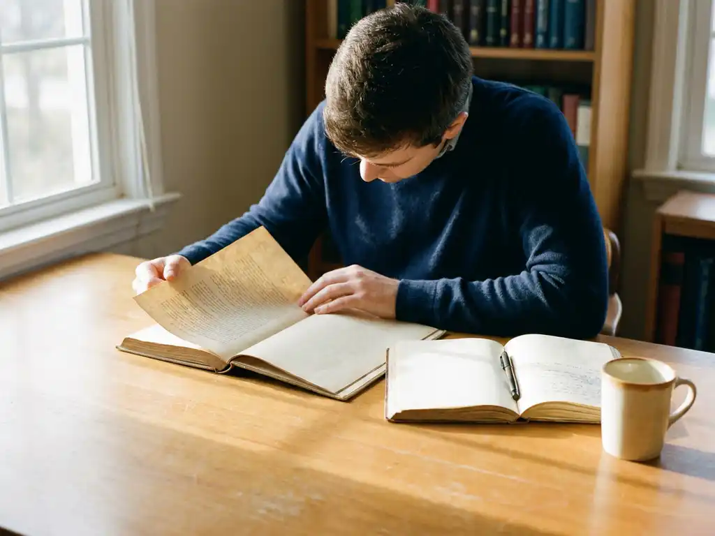 Researcher reviewing a printed academic document at a wooden desk beside an open notebook, warm afternoon light casting soft shadows.