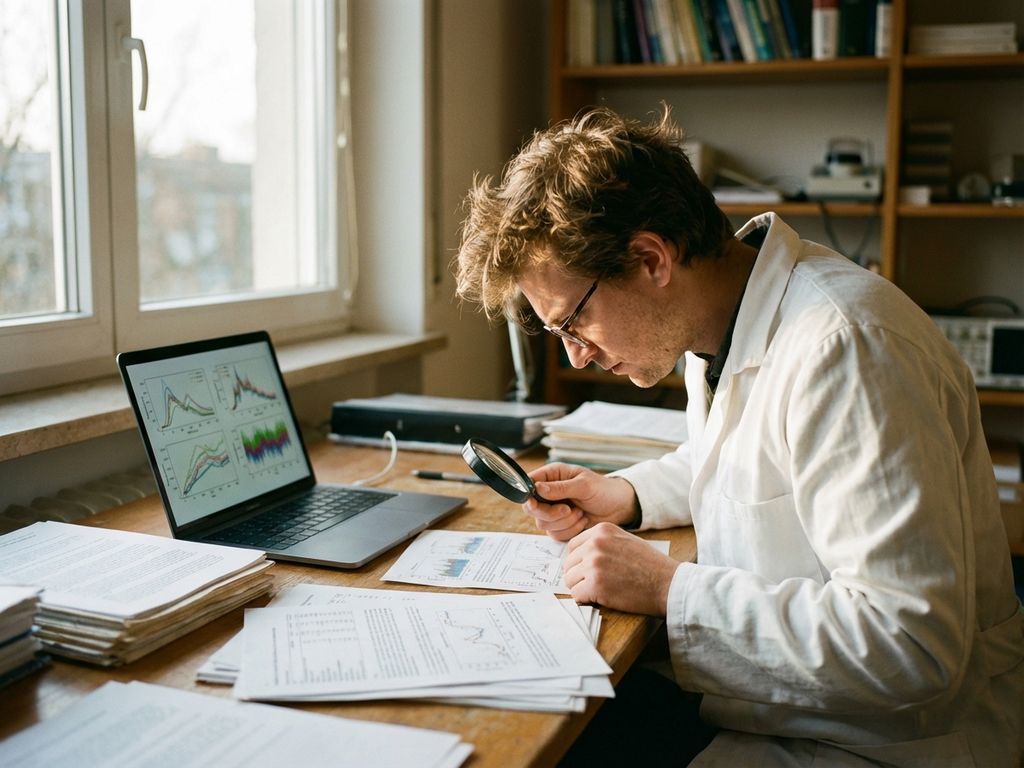 Researcher in white lab coat reviewing data reports and charts on laptop at wooden desk in natural light