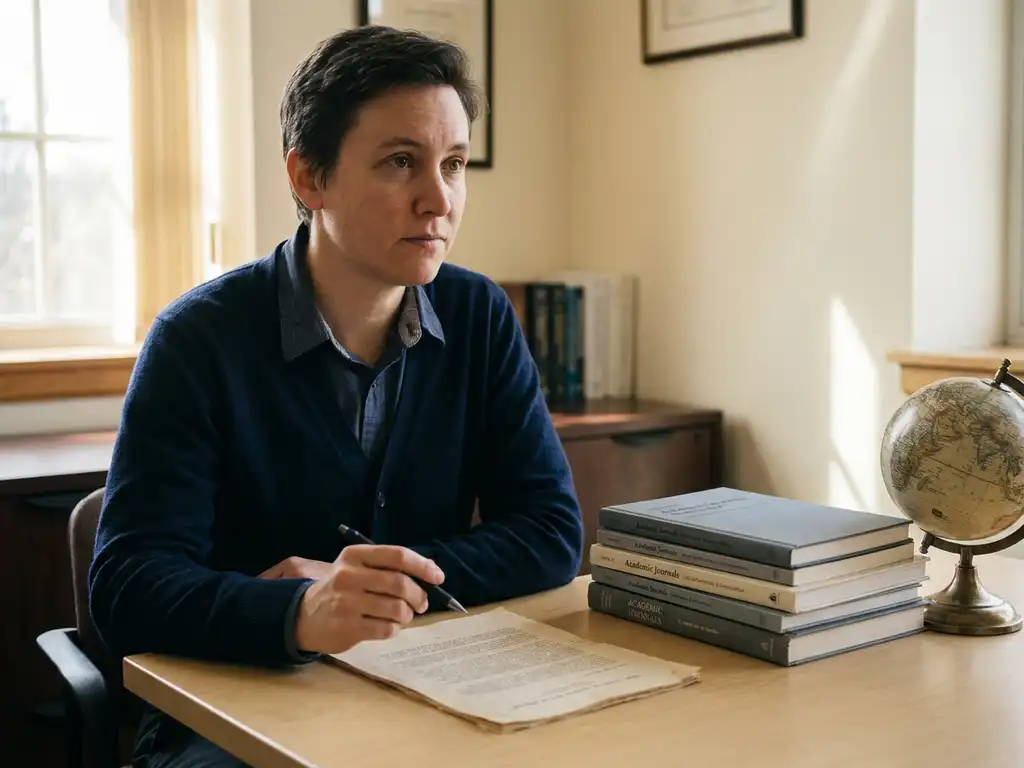 Researcher pausing mid-review of a printed document at an institutional desk, pen in hand, academic journals and globe nearby, warm natural light.