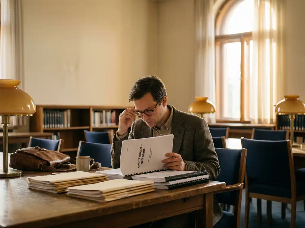 Researcher reviewing printed grant application at a university desk with organized paperwork and coffee, warm afternoon light through tall windows.