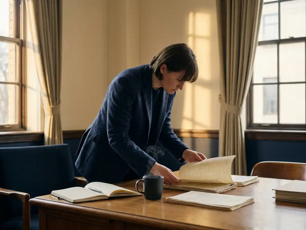 Researcher in blazer reviewing printed grant documents at institutional desk with coffee and notebook, warm afternoon light through tall windows.