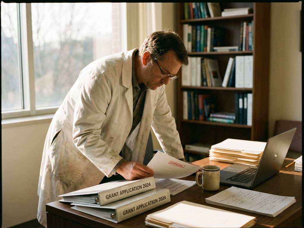 Researcher in white lab coat reviewing grant funding documents at desk with laptop, coffee, and stacked application folders