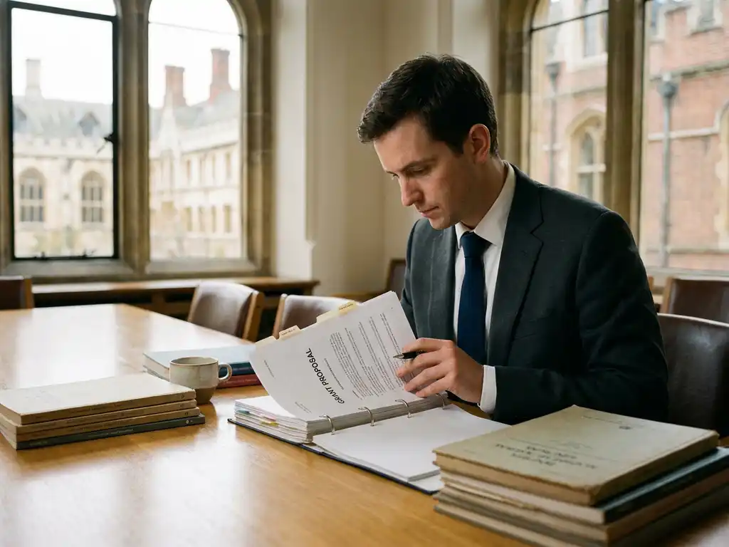 Researcher in business attire reviewing a thick grant proposal at a conference table surrounded by academic journals, European architecture visible through tall windows.
