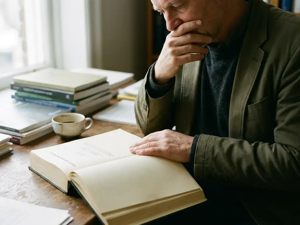 Researcher pausing over a thick grant proposal on a worn wooden desk, surrounded by stacked academic journals and a half-empty coffee cup.