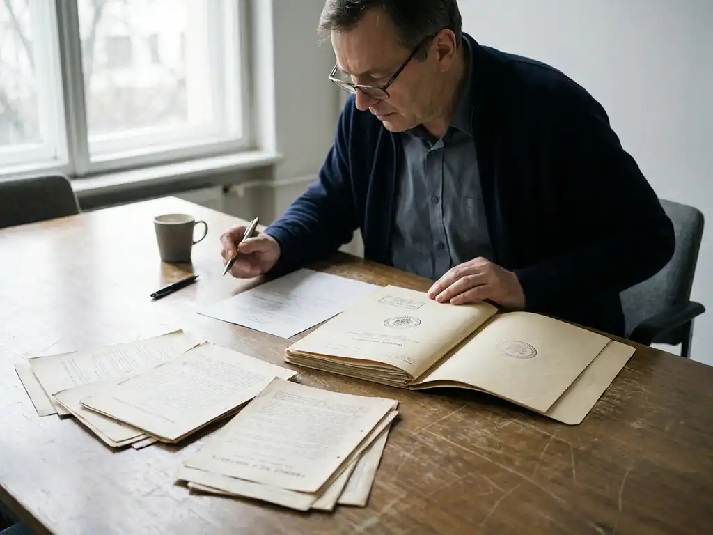 Researcher reviewing two stamped official folders at a wooden table covered with multilingual documents and a pen.