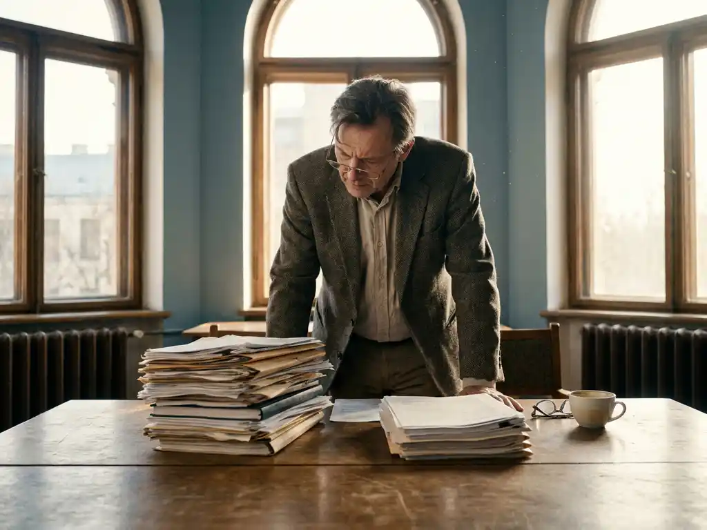 Researcher in a blazer comparing two stacks of official documents on a worn conference table, coffee cup and glasses nearby, warm afternoon light.