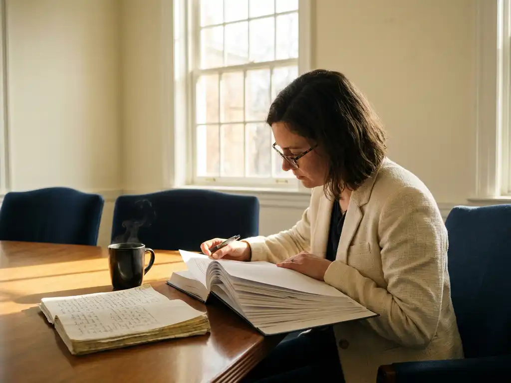 Researcher in a blazer reviewing a printed proposal document at a conference table with coffee and handwritten notes in warm afternoon light.