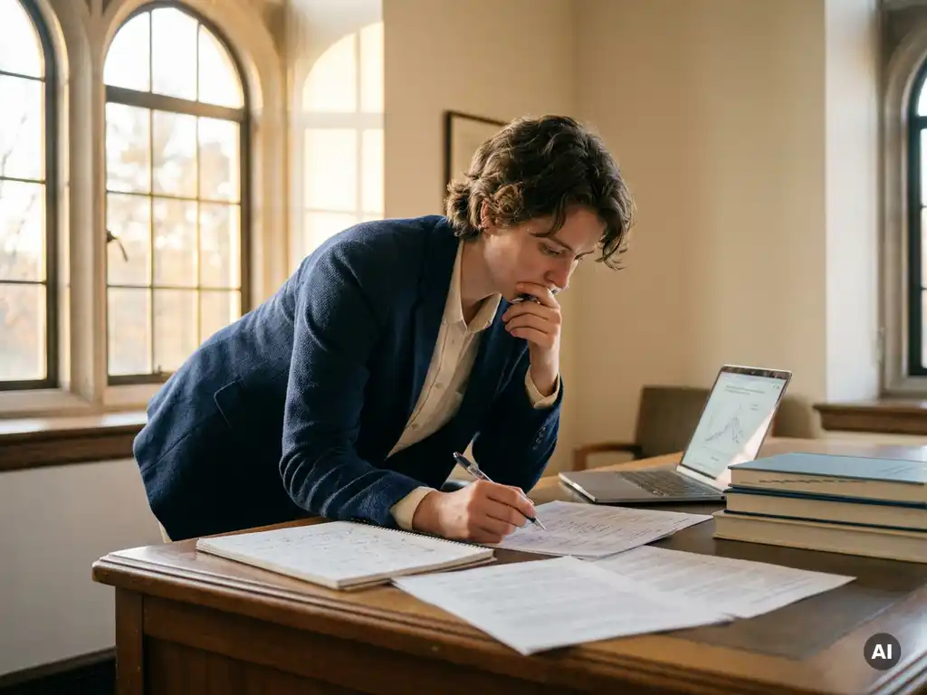 Researcher in blazer reviewing printed reports and handwritten notes at institutional desk with open laptop, academic journals, and warm afternoon window light.