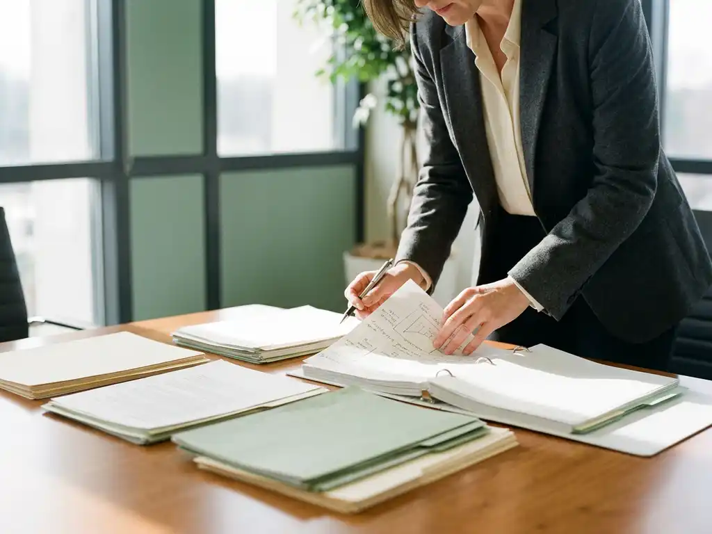 Researcher in business attire annotating sustainability and financial reports on a conference table in warm natural light.