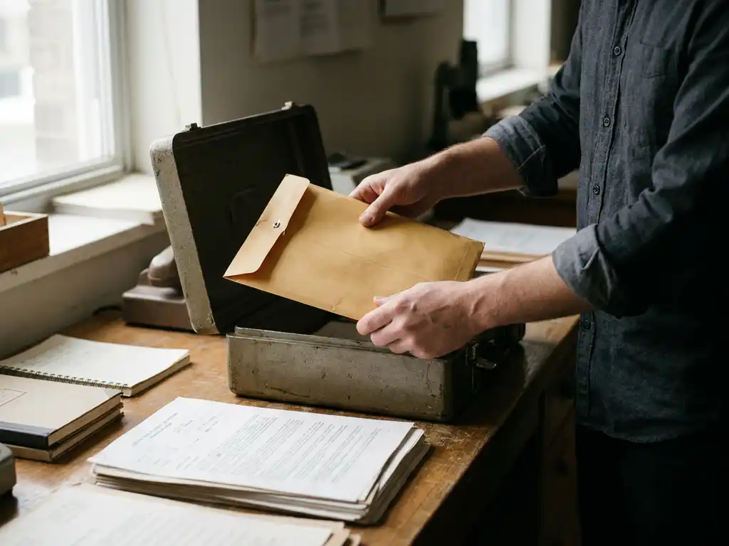 Researcher placing sealed manila envelope into secure metal document case on a wooden lab desk surrounded by printed research papers and a notebook.