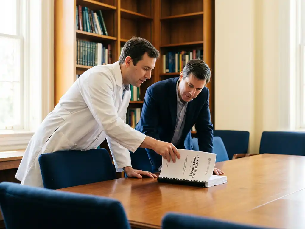 Researcher in lab coat sharing a bound report with a business colleague across a wooden conference table in an academic meeting room.