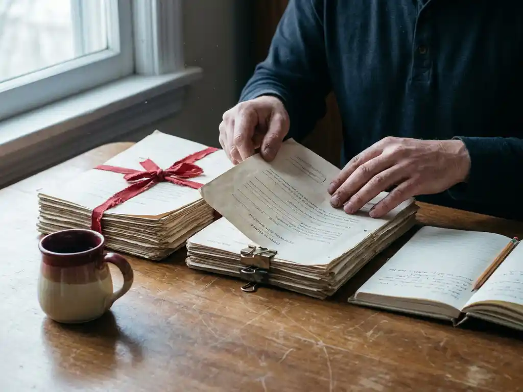 Researcher sorting two stacks of official documents on a wooden desk, one tied with red ribbon, beside a coffee mug and open notebook.