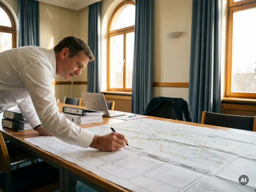 Researcher in white shirt annotating a printed roadmap on a conference table, with binders and laptop nearby in warm natural light.