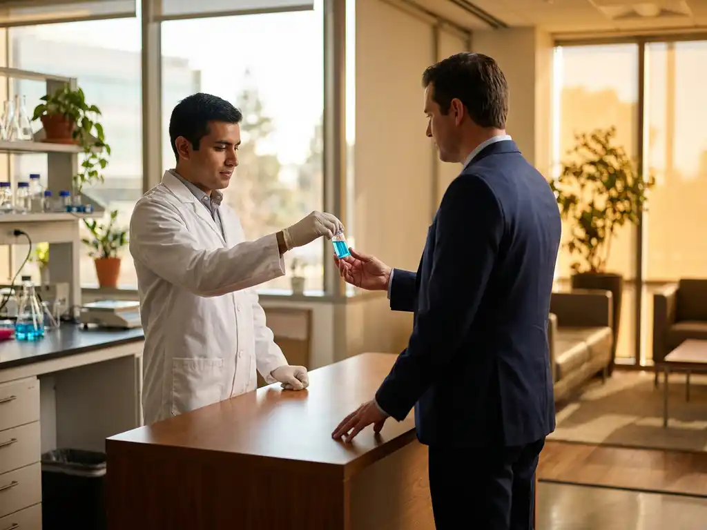 Researcher in white lab coat handing blue solution vial to businessman in modern office with natural lighting