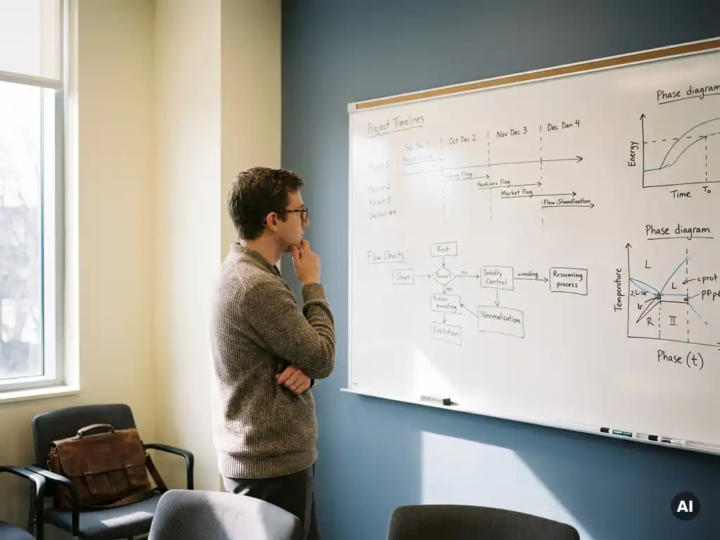 Researcher studying project timelines and phase diagrams on a large whiteboard in a sunlit institutional office.