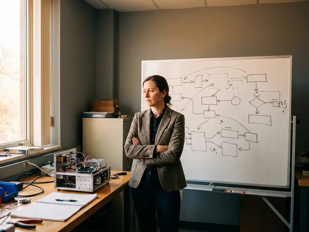 Researcher in blazer standing arms crossed before whiteboard with incomplete diagrams, half-assembled prototype on cluttered lab table nearby.