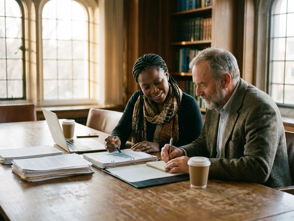 Two researchers collaborating at wooden conference table, one pointing to data while other takes notes in natural light.