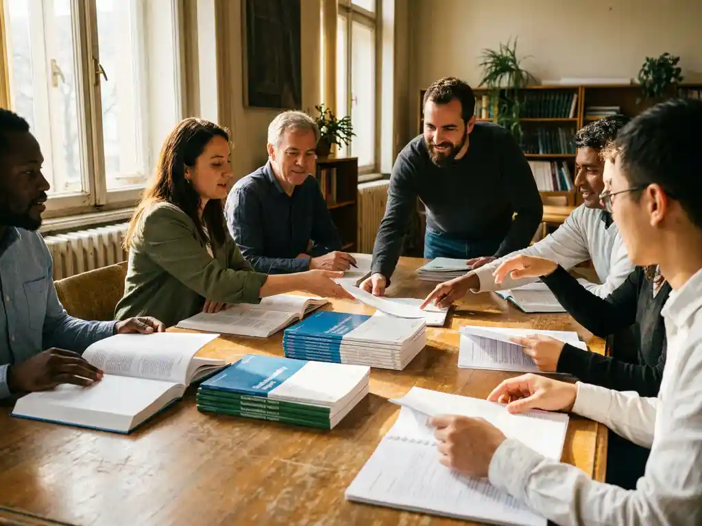 Diverse researchers collaborating around wooden conference table with scientific journals and sustainability reports, warm sunlight streaming through windows
