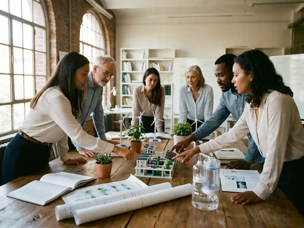 Diverse researchers collaborating around wooden table with scientific journals, renewable energy models, and water purification prototypes in natural light