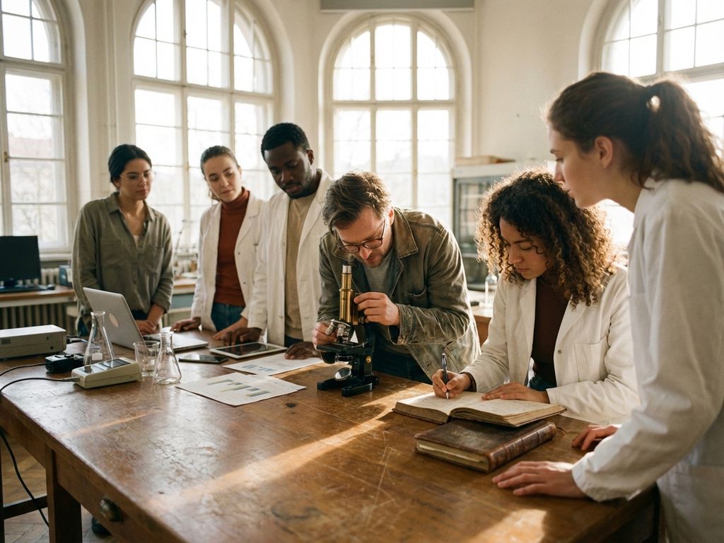 Diverse researchers collaborating around laboratory table, examining scientific equipment and data while taking notes in sunlit university lab.