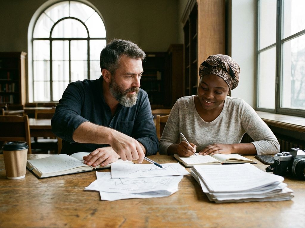 Two researchers collaborating at wooden table with documents, one pointing to data while other takes notes in sunlit library