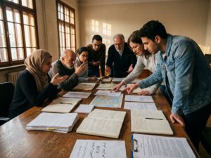 Diverse researchers discussing documents in multiple languages around conference table in natural lighting.