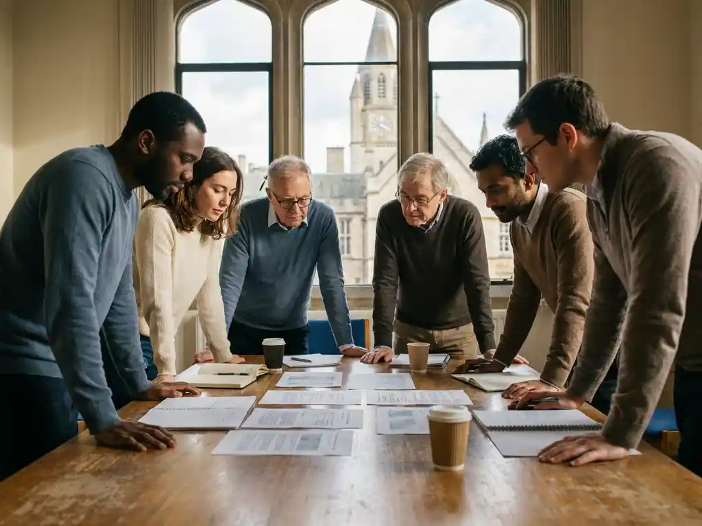 Diverse research team collaborating over printed documents and notebooks at a conference table in a European institutional building.