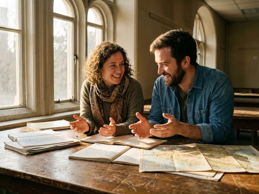 Two diverse researchers collaborating at wooden table, gesturing while reviewing documents in sunlit room