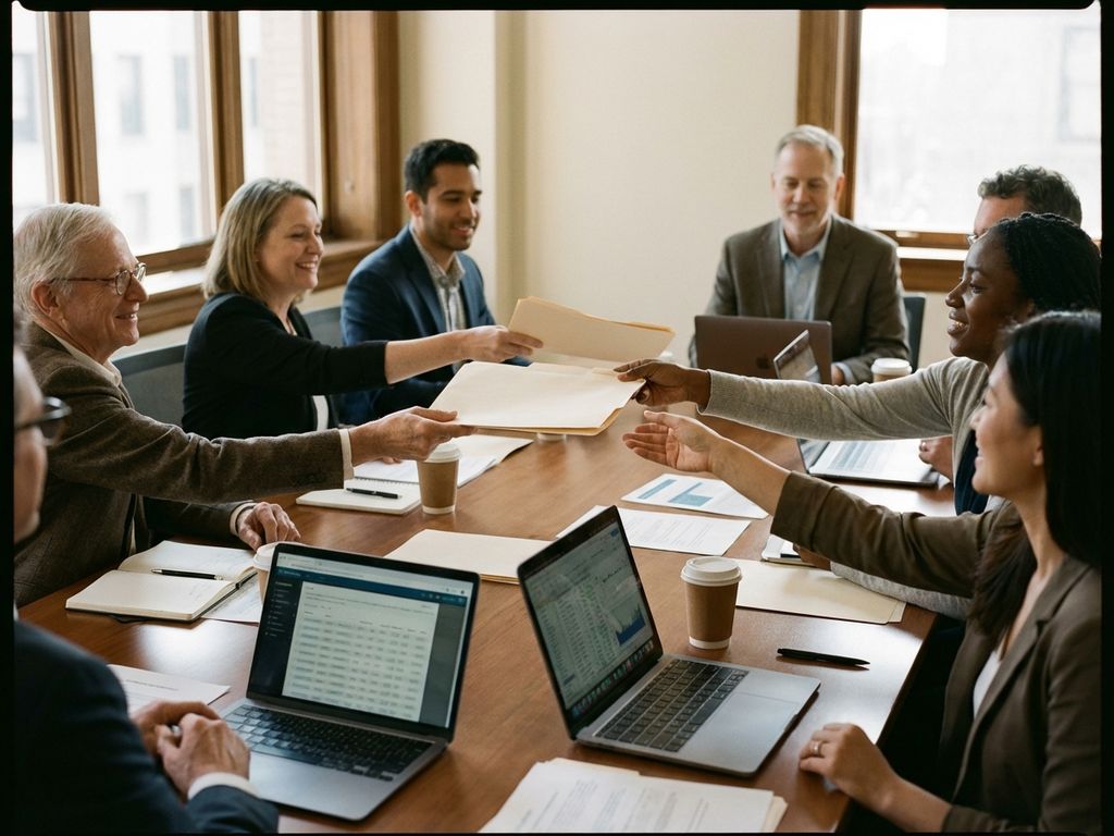 Diverse research team collaborating around conference table with papers, laptops, and documents in naturally lit office