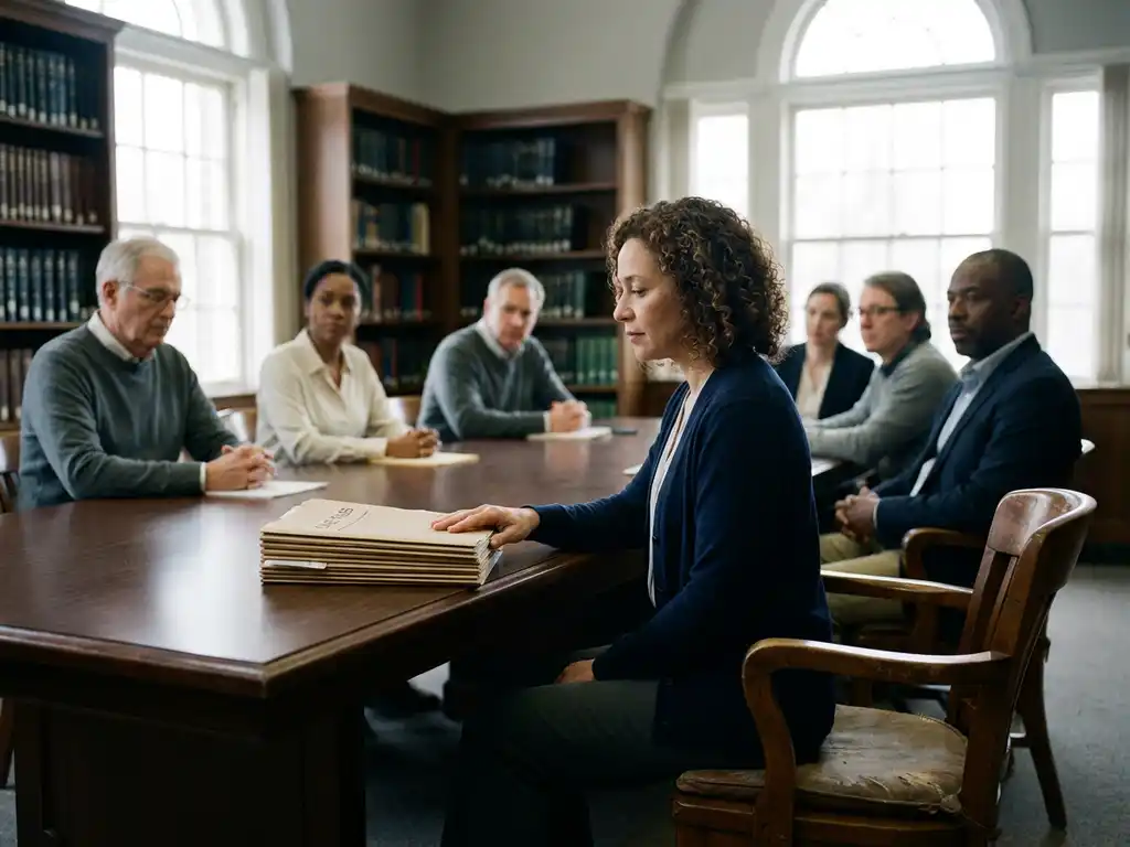 Diverse researchers in quiet deliberation around a conference table, one resting a hand on printed case files beside a notably empty chair.
