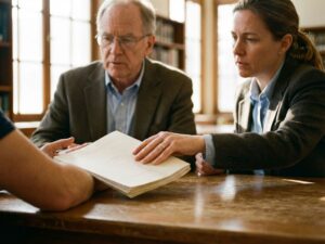 Two researchers at conference table, one sliding formal document to the other in professional meeting setting.