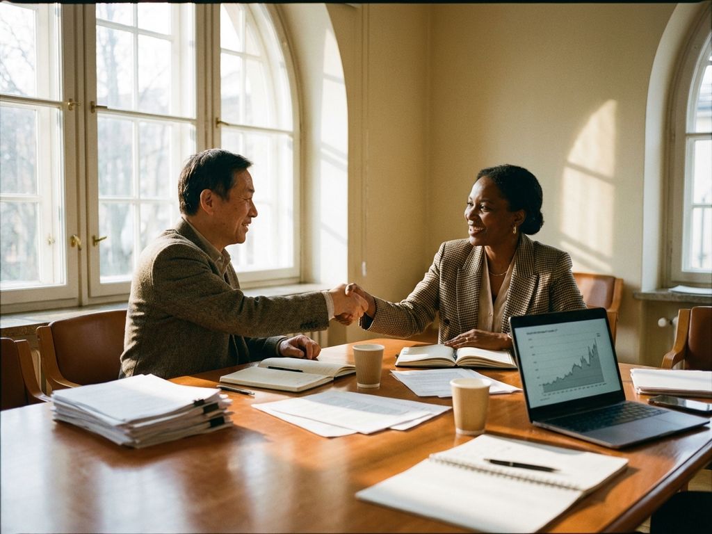Two diverse researchers shaking hands across conference table with laptops and documents, smiling in sunlit office.