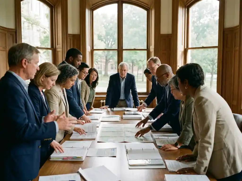 Diverse researchers and officials in animated discussion around a conference table covered in open reports, bathed in warm afternoon light.
