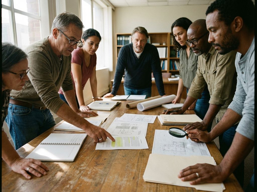 Diverse international researchers collaborating around conference table reviewing patent documents and legal contracts