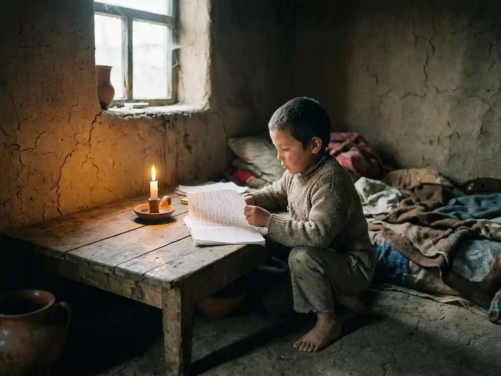 Barefoot child studying by candlelight at a worn wooden table inside a rural home with cracked clay walls and a small window.