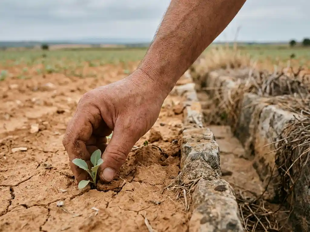 Weathered hand planting a seedling in dry cracked soil beside a rural irrigation channel under an overcast sky.