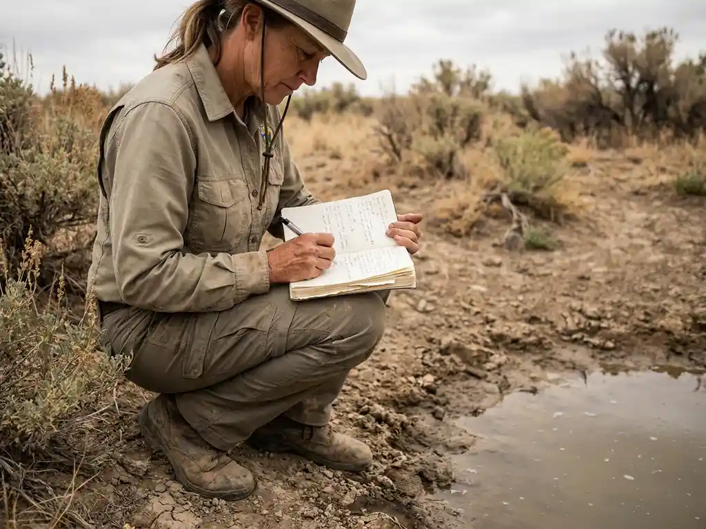 Researcher crouching beside a rural water source, recording measurements in a notebook amid dry earth and sparse vegetation.