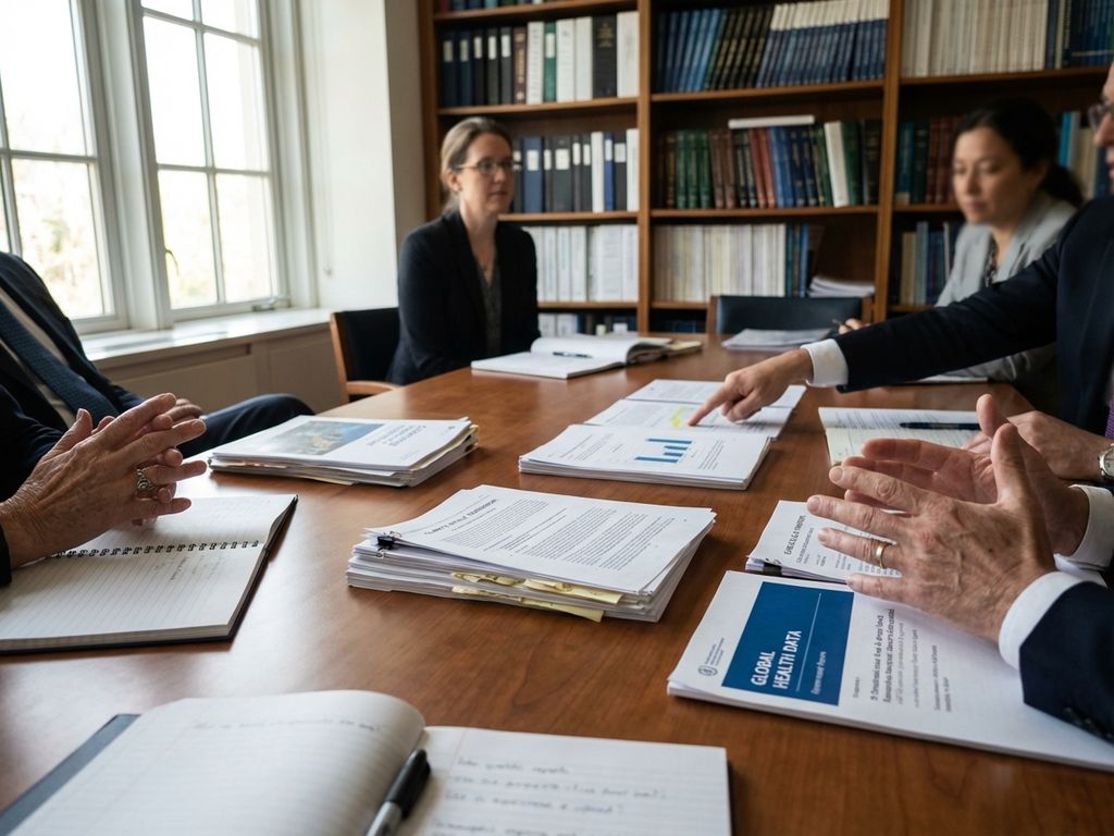 Diverse researchers and policy makers collaborate around conference table with scientific documents and reports in sunlit meeting room.