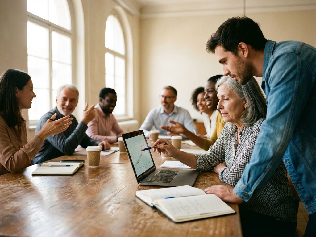 Senior scientist mentoring colleague with data charts while diverse research team collaborates around conference table