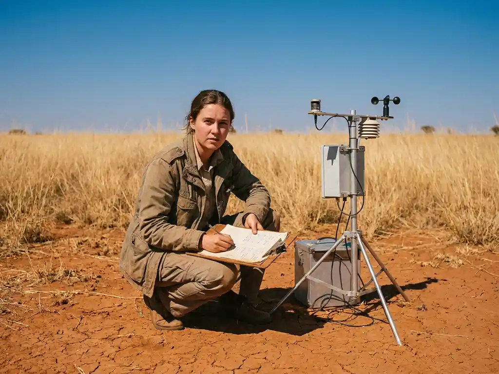 Young female scientist crouching beside climate monitoring equipment in cracked dry earth, reviewing clipboard data with golden savanna stretching behind her.