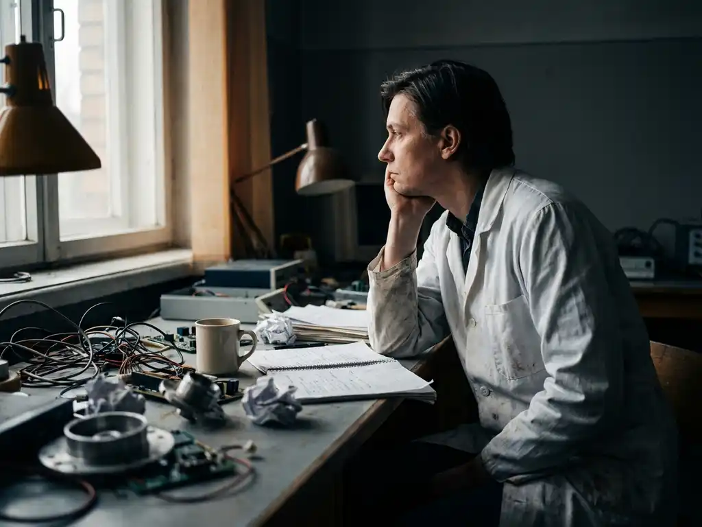 Research scientist in white lab coat contemplating failed prototypes and scattered papers at cluttered laboratory bench with natural window lighting