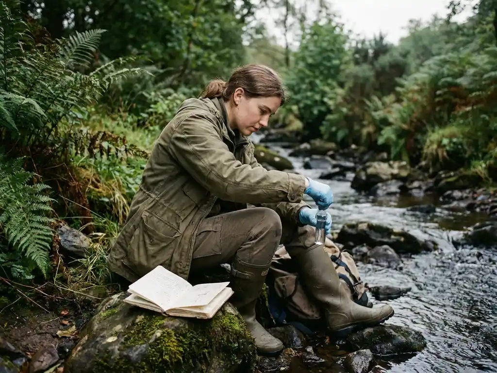Young female scientist in field gear crouching by a rocky stream, collecting water samples into a glass vial amid dense green vegetation.