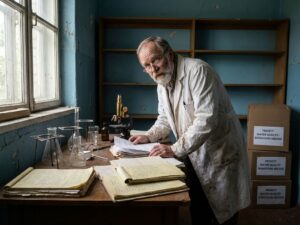 Scientist in white lab coat working at wooden desk in underfunded research facility with basic equipment and handwritten papers