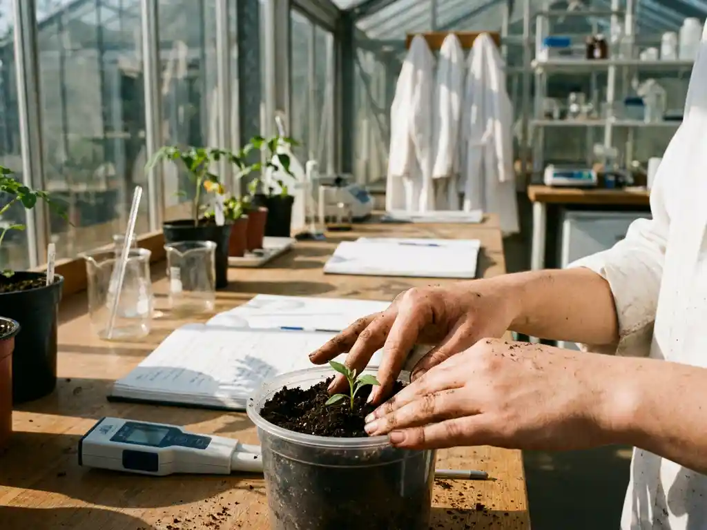 Researcher's hands planting green seedling in dark soil at laboratory workbench with scientific equipment and notebooks