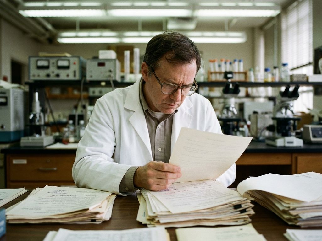 Research scientist in white lab coat reviewing compliance documents at laboratory bench with scientific equipment in background.