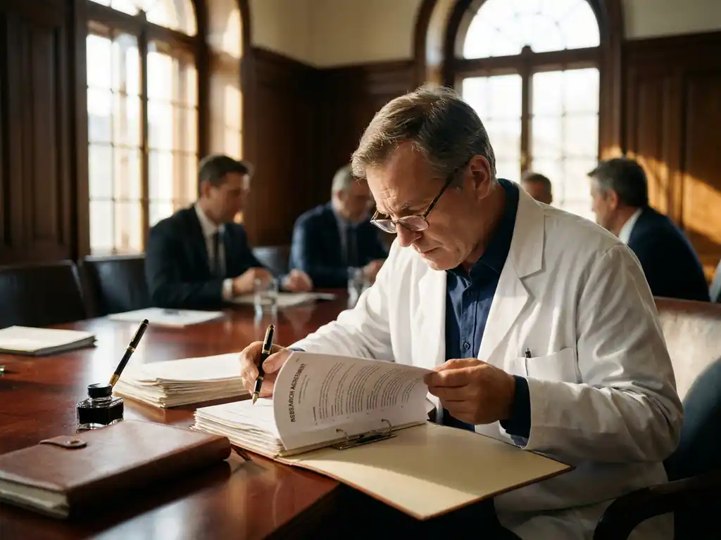 Scientist in white lab coat reviewing research contract at wooden conference table with papers and fountain pen