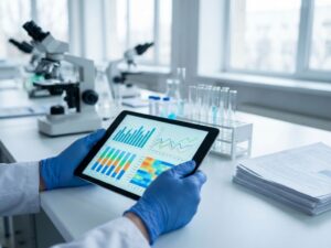 Research scientist holding tablet displaying colorful data charts in laboratory with microscopes and scientific equipment