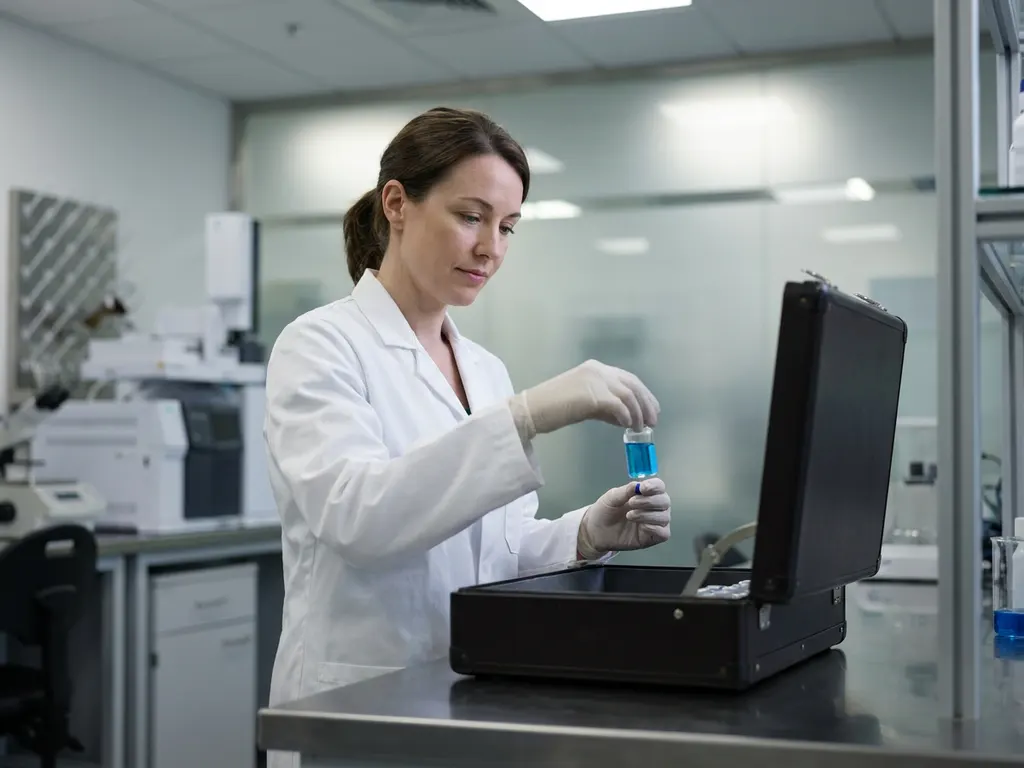 Research scientist in white lab coat transferring blue solution vial into black briefcase at modern laboratory facility