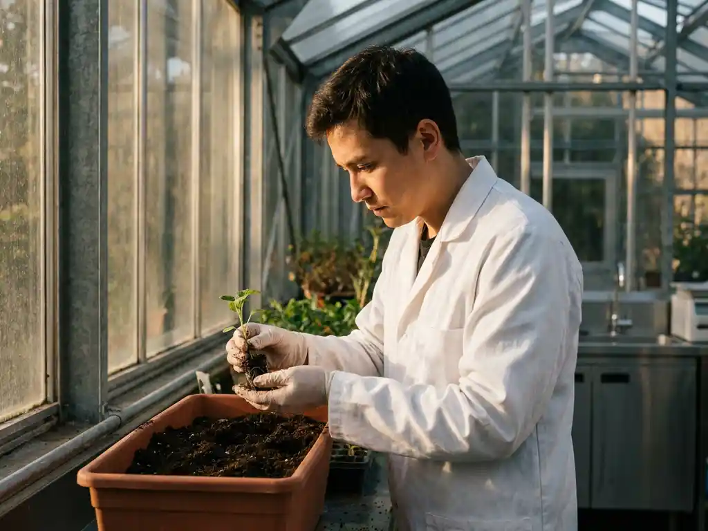 Scientist in white lab coat transplanting seedling from greenhouse to soil planter with natural sunlight streaming through windows
