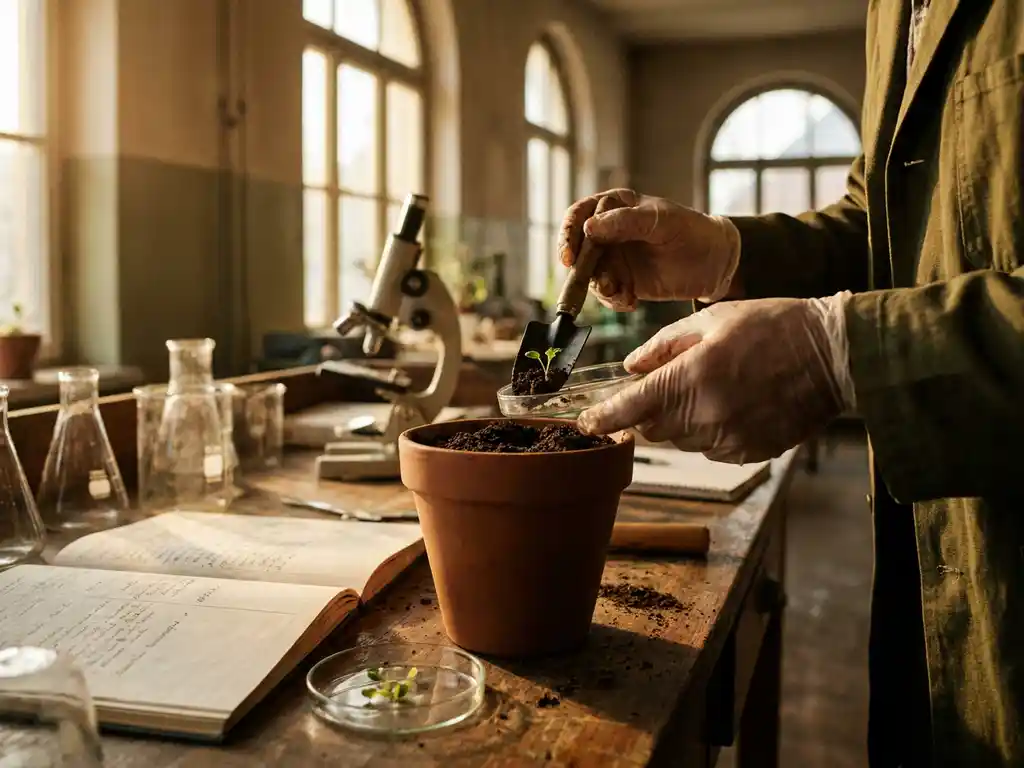 Scientist's hands transplanting seedling from petri dish to terracotta pot on laboratory bench with research materials